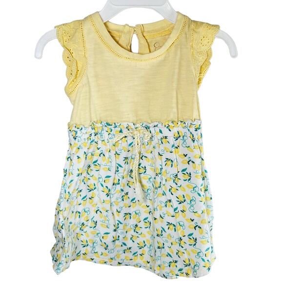Toddler Dress 12 mos Lemon Print Yellow Eyelet Trim Cap Sleeves Jessica Simpson - Picture 1 of 6